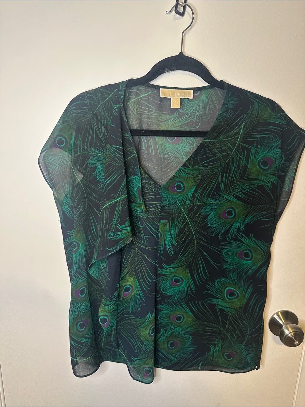 Michael Kors Black Sheer Blouse with Green Peacock Feather Print